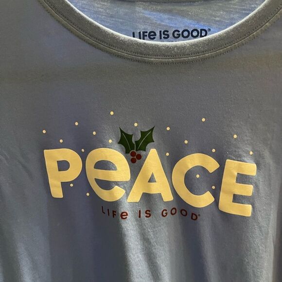 EUC Life is Good Small Blue Long Sleeve Shirt Peace, Holly On Sleeve. #096 - Picture 2 of 5